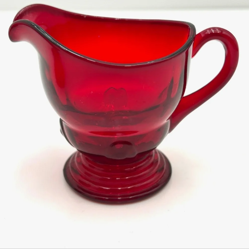 Vintage Martinsville Moonstone Pattern Red Ruby Glass Set Of Creamer And Sugar